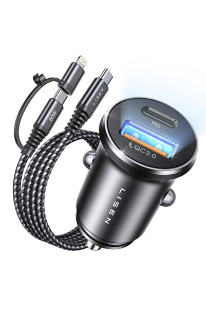 LISEN Încărcător auto USB, tip C, cu cablu 3 în 1
