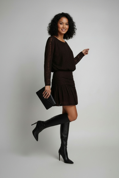 Nostos Algos Brown Long Sleeve Mini Ruched Lined Dress