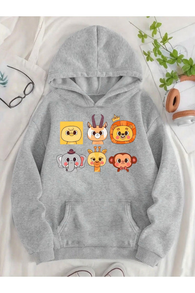 Flow touch Animals Printed Women'S/Men's Unisex Oversized Hooded Gray Sweatshirt