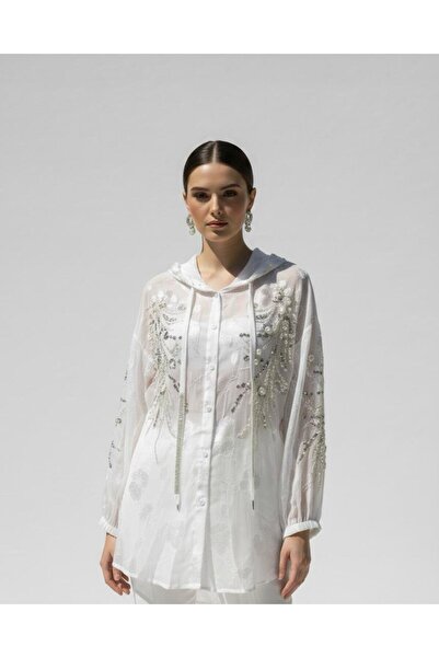 Rabiossa Women's Hooded Stone Embroidered Tunic Shirt