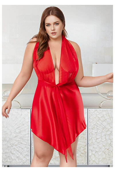 White Velvet قميص نوم نسائي أحمر كبير الحجم من الساتان - قميص نوم برباط حول ا...