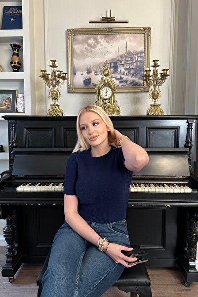 lizge giyim Cycling Neck Soft Textured Short Sleeve Knitwear Sweater