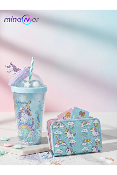 Minamor Unicorn Hediye Seti-Çift Cidarlı Pipetli Bardak ve Simli Cüzdan-Gökku...