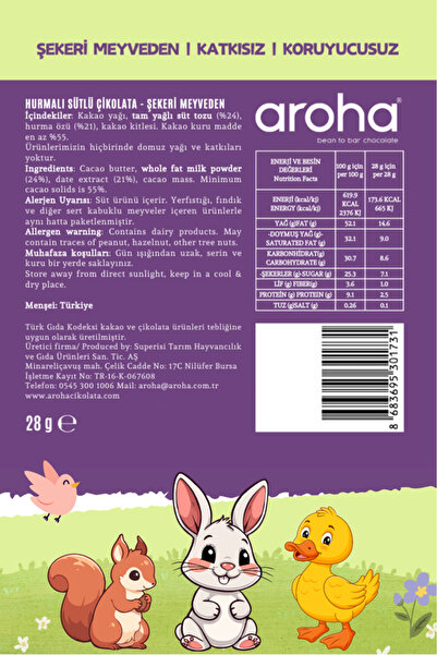 AROHA Kids Hurmalı Sütlü Çikolata - Şekeri Hurmadan 28 gr x 12 Adet