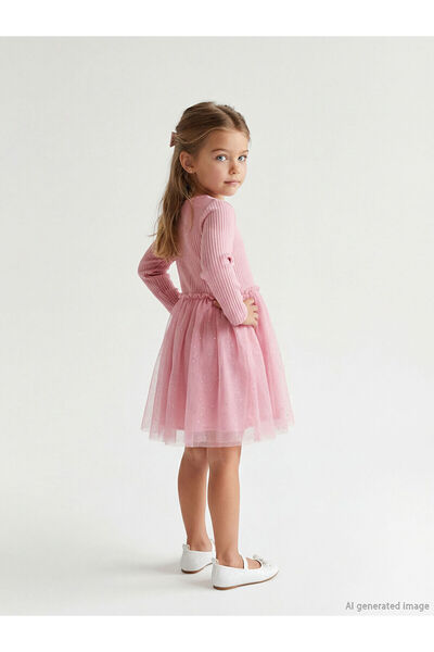 LC Waikiki فستان بناتي من مجموعة إلسيفا باللون الوردي مع طوق دائري وفيونكة
