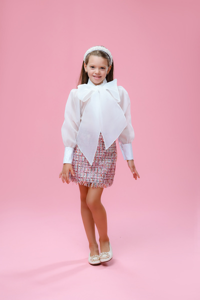 kiddos.ro Girls' white organza shirt with puff sleeves and bow