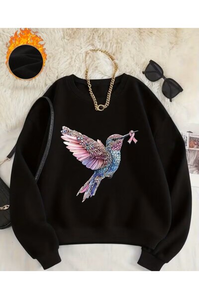 LELVANİ Peacock Printed Sweatshirt - Gray & Turquoise Bird Pattern Crewneck S...
