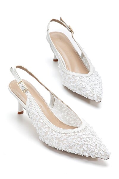 Dilimler Ayakkabı Women's Short Heeled Evening Dress Shoes White Sequined Mes...