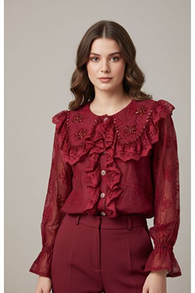 Rabiossa Women's Lace Detailed, Stone-Embellished Design Blouse