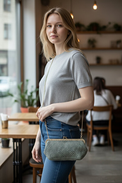 Store YigitEmirBags حقيبة كتف نسائية رمادية محبوكة مصنوعة يدويًا