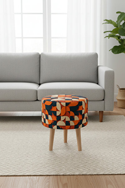 MEFAKS TEKSTİL Yuvarlak Dijital Baskılı Ahşap Ayaklı Puf, Tabure Salon & Otur...