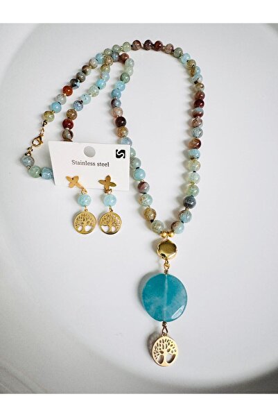 DEVİ fashion Agate Natural Stone Tree of Life Long Necklace (80 cm) Earring Set