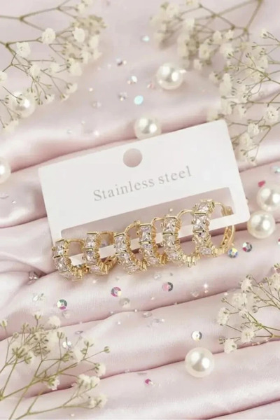 Dorvina 316L Steel Gold Color Baguette Zircon Stone Hoop Earring Set Tarnish ...