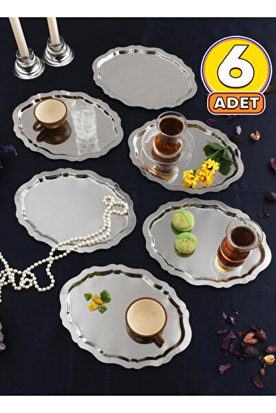 Fico Home 6’lı Takım Paslanmaz Çelik Oval Kahve Ve Çok Amaçlı Sunum Tepsisi Ç...
