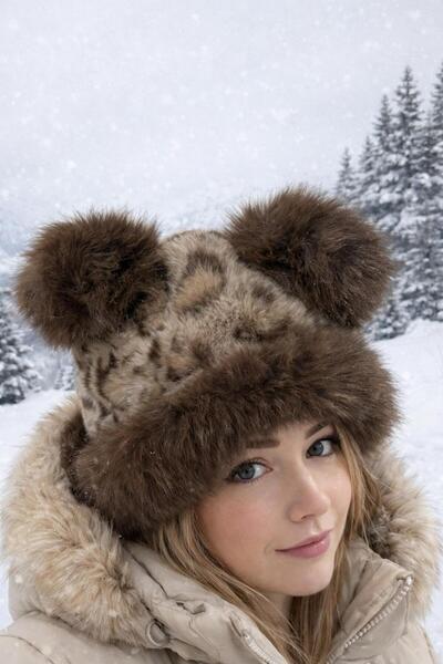 ZRN AKSESUAR قبعة بفرو على شكل أذن، عصرية وأنيقة، بلون بني وكريمي ممزوج بنمط ...