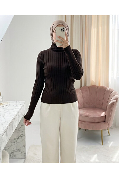 Modamorfo Turtleneck Corded Fabric Knitwear Sweater -K. Coffee