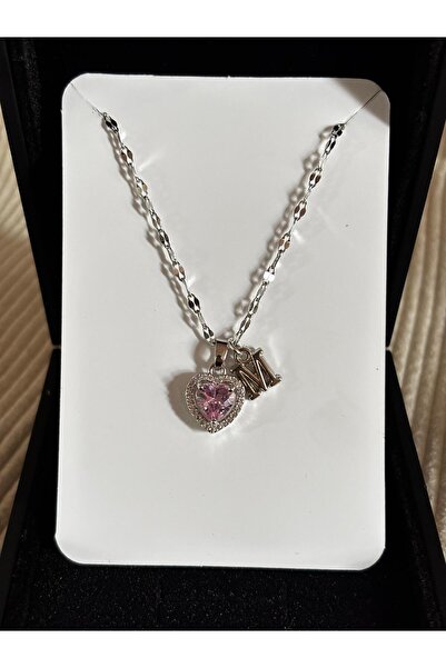 bijoux uniques Çelik pembe kalpli M harfli kadın kolye
