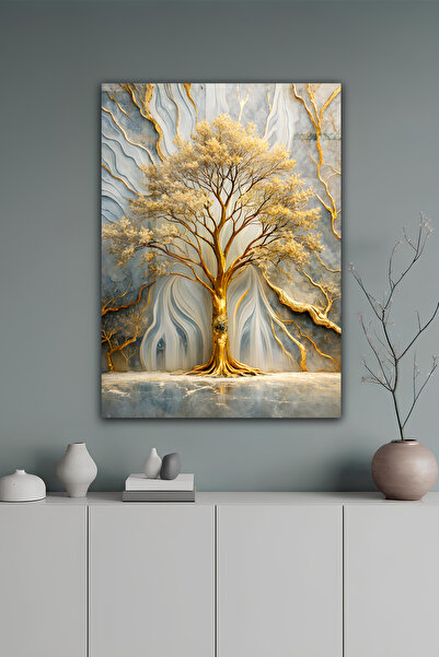 kutuTR Altın Hayat Ağacı TemalıTemperli Cam Tablo 50x70 Cm 2D UV Baskı - YCT074