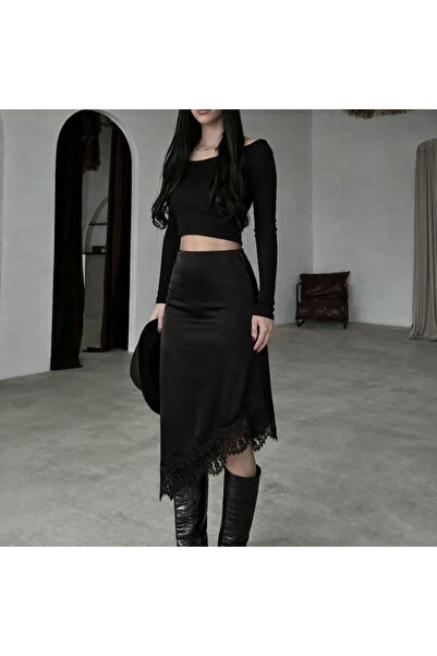 khar Asimetrik Detay Ucu Dantelli Etek