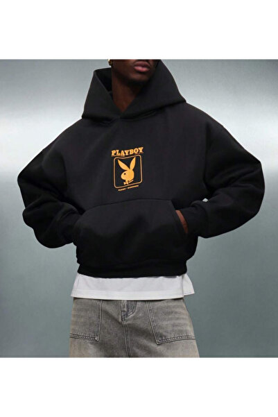 Oceanwear Men's Playboy Printed Hooded Black Plain Sweatshirt