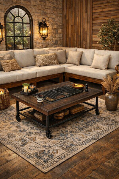 CN Grill with wheels and brown wood