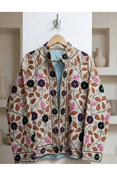 Yoncha Kadın Ceket Nakış Detaylı Dokuma %100 Pamuklu