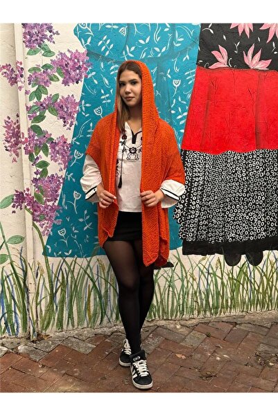 Miss Boheme Orange Color Hooded Mercerized Cardigan