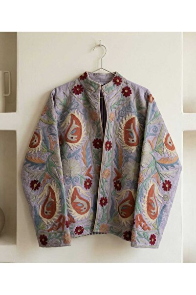 Yoncha Kadın Ceket Nakış Detaylı Dokuma %100 Pamuklu