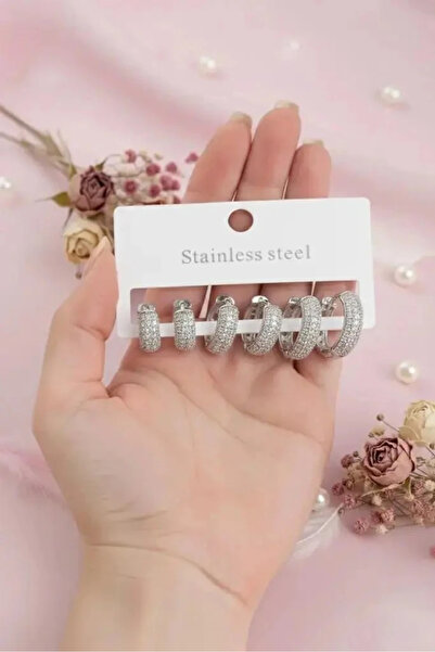 Dorvina 316L Steel Silver Color Zircon Stone Hoop Earrings Set Tarnish Resist...