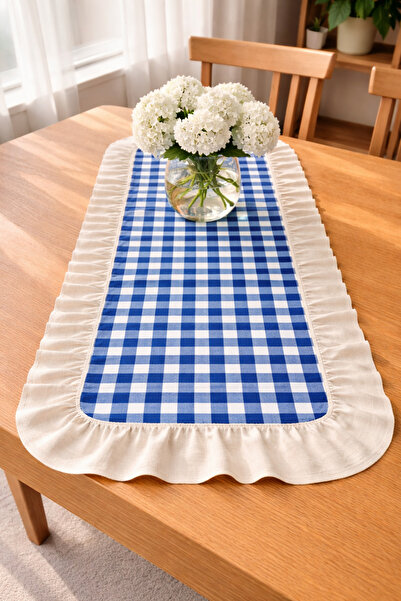 ŞAH TEXTILE DESIGN keten fırfır detaylı mavi pötikare runner 40x110