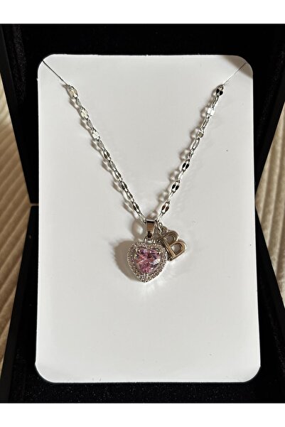 bijoux uniques Çelik pembe kalpli B harfli kadın kolye