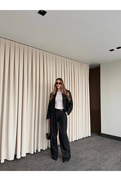 Laluvia Black Crop Jacket Pants Set - 9689