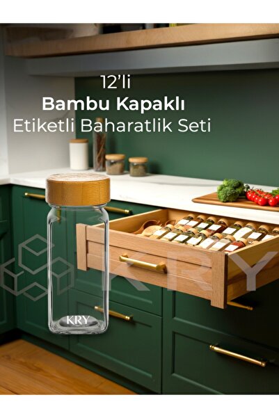 KRY 12’li Bambu Kapaklı Kare Cam Baharatlık Takımı – 16 Etiket Hediyeli, Kapa...