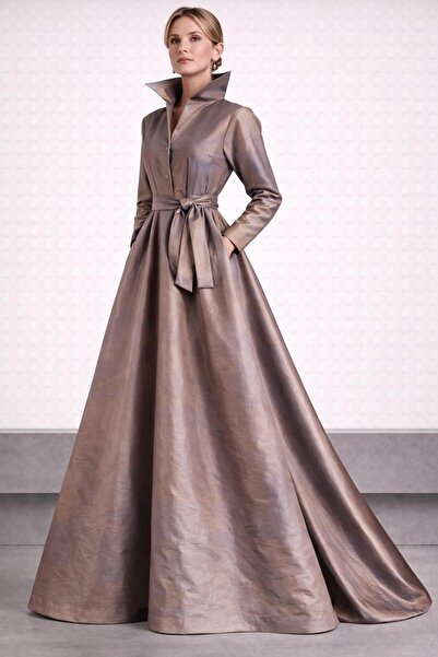 SERAVENZA COUTURE فستان قميص أنيق من التفتا بطول ماكسي مع حزام وجيوب COU-45