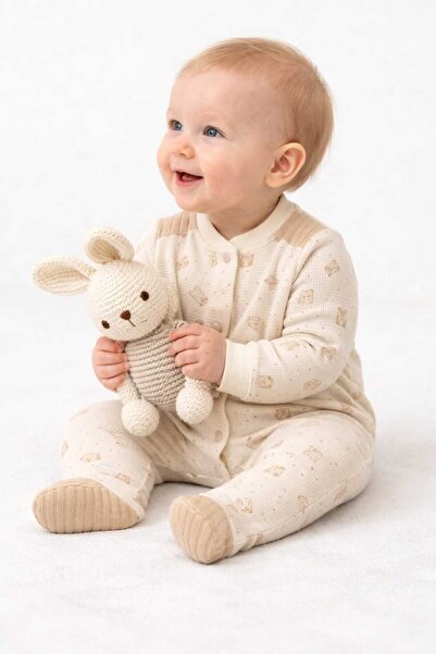 LİLİYUM Erkek Bebek Waffle Desen Ayıcık Baskılı Pamuklu Tulum