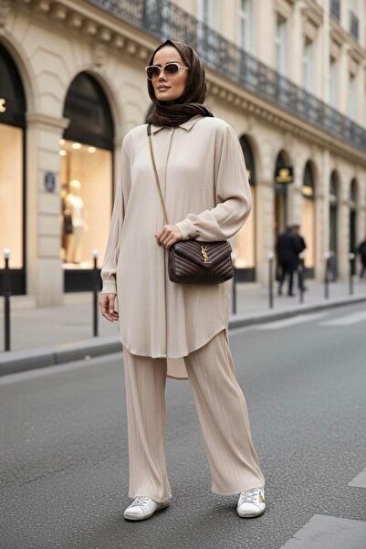 Aselim Hijap Moda Pleated Satin Shirt Suit Beige