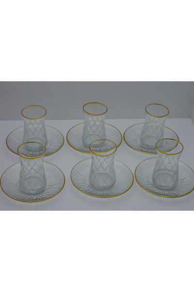 CAM 12 PARÇA ÇAY SETİ GOLD DETAYLI ÇİZGİ DESENLİ