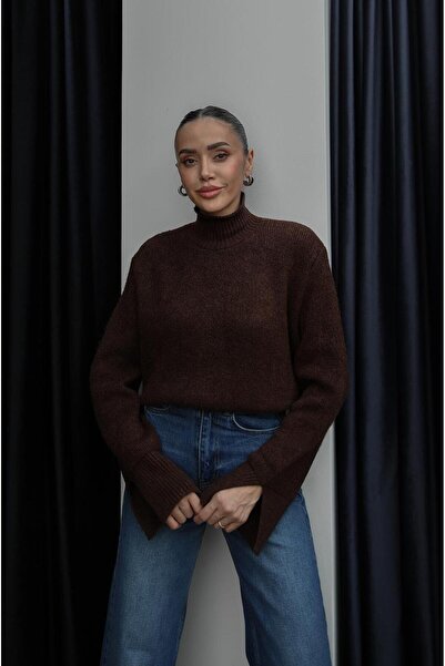 Havoş Brown Sleeves Slit Half Fisherman Sweater