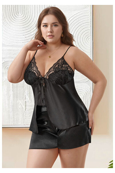 Soweto Women's Plus Size Black Satin Shorts Pajama Set with Open Front Lace