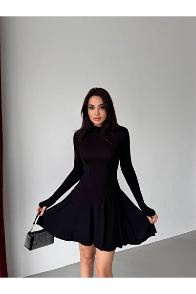 Evim Sepeti High Neck Long Sleeve Mini Dress with Flared Skirt – Premium Stre...