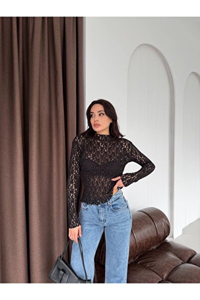 Evim Sepeti Floral Patterned Long Sleeve Stretchy Sheer Lace See-Through Blouse