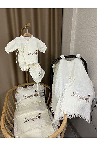 handemnakış tasarım İsimli Nakışlı Müslin 6'lı Hastane Çıkış Set-Alt Üst Takı...