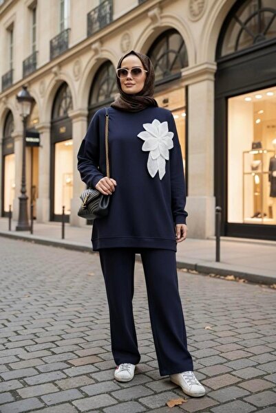 Aselim Hijap Moda Modal Floral Detailed Double Suit Navy Blue