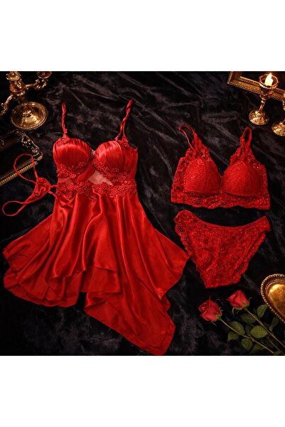 cdh çeyize dair herşey Set de cămașă de noapte elegantă din satin roșu - 4 piese