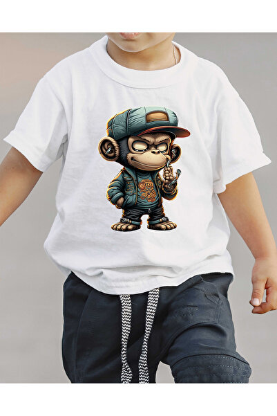 F17 Ajans Тениска с къс ръкав за момче от 100% памук с принт на маймунка в шапка