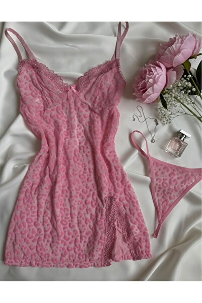 cdh çeyize dair herşey Yırtmaç Detaylı Dantelli Pembe Gecelik Seti