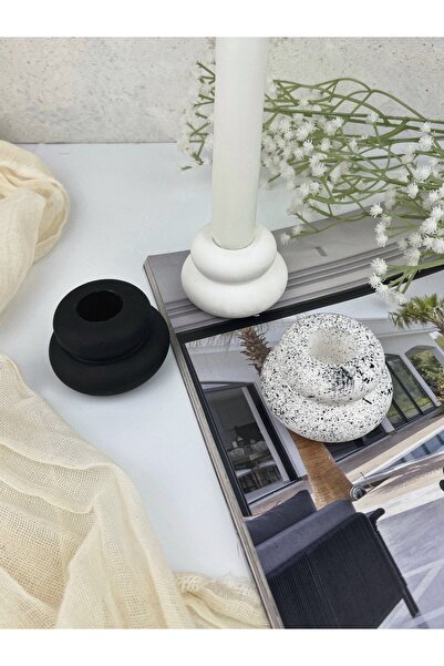 Ca.Gi El Yapımı Siyah / Beyaz Renkli 3Lü Şamdan & Mumluk Seti