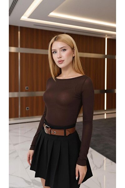 CKM MODA Mora Boat Neck Transparent Long Sleeve Blouse Black