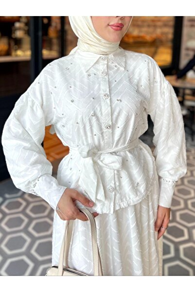 PİNK FLY Premium Stone Embroidered Jacquard Cutout Chiffon Skirt Suit