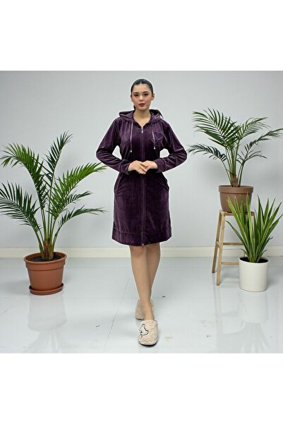 Şahteks Women's Zippered Hooded Heart Embroidered Velvet Dressing Gown